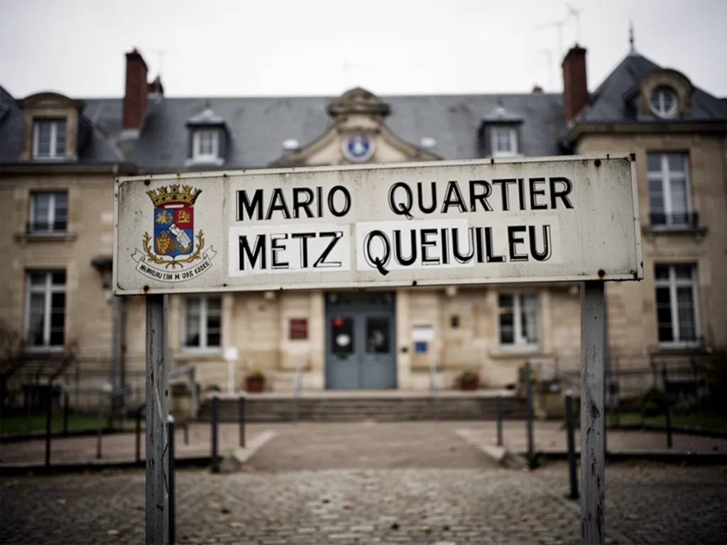 Façade de la mairie de quartier de Plantières-Queuleu, rue du Roi Albert à Metz, avec un petit parterre fleuri et le panneau officiel de la Ville de Metz.