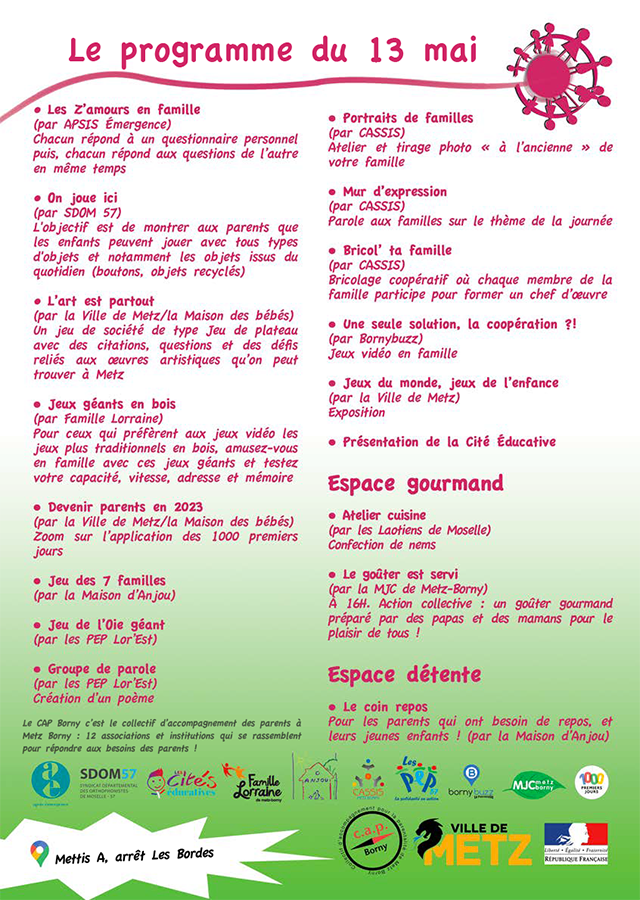 Flyer du programme du 13 mai 2023 pour "Le printemps des familles, 8ème édition" à Metz Borny | Graphisme BORNYBUZZ / Fabien RENNET