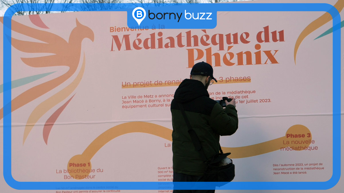 Inauguration de la Médiathèque provisoire du Phénix rue du Bon Pasteur à Metz Borny le 11 mars 2024 | Photo Fabien RENNET | Graphisme / Aurélien ZANN